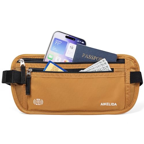 Image of RFID Blocking Money Belt - Passport Holder & Travel Wallet, Slim Hidden Fanny Packs for Women Men - Gold