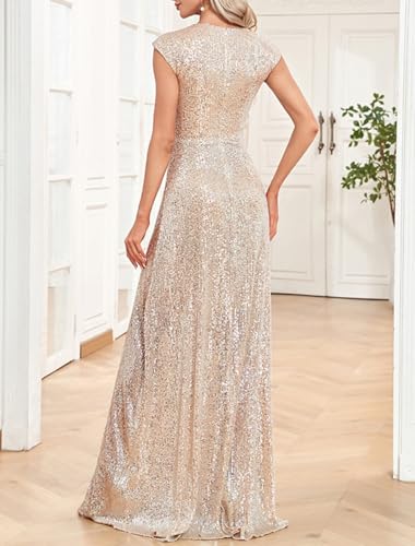 A-Line Party Dresses Sparkle&Shine V Neck Floor Length Formal Dresses with Sequined 20243