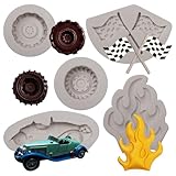 Flame Fondant Molds Hot Fires Car Tire Truck Wheel Flag Chocolate Silicone Molds For Cake Decorating Cupcake Topper Gum Paste Set Of 5
