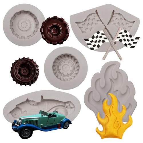 Flame Fondant Molds Hot Fires Car Tire Truck Wheel Flag Chocolate Silicone Molds For Cake Decorating Cupcake Topper Gum Paste Set Of 5 by Caregene - Used condition - US$8.36