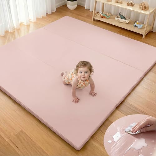 Mallify Foldable Baby Play Mat, 50''x50'' Waterproof Thicken Foam Vegan Leather Playpen Mat for Infants and Toddlers, Portable Baby Mat for Floor, Pink