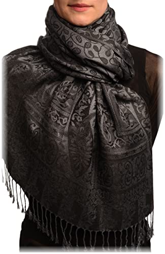 LissKiss Dots On Dark Grey & Black Pashmina Feel With Tassels - Scarf