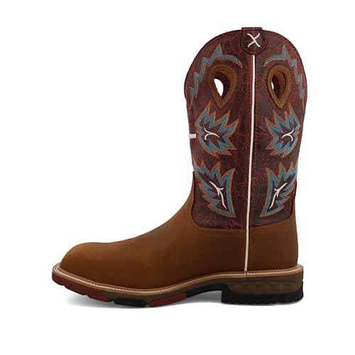 Image of Twisted X Men's 12 inch Western Work Boot, Square Toe Nano Toe with CellStretch, Tan & Burgundy, 9 D