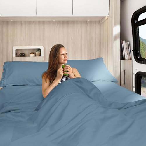 Image of Nestl Stone Blue Short Queen Sheets for RV, Hotel Luxury RV Queen Sheets Set, 4 Piece Fitted Bed Sheet Set and Pillowcases, Super Soft, Wrinkle-Free, and Breathable Camper Bedding