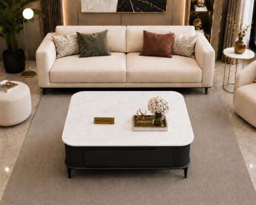 Image of WOODEN SPACE Premium Solo Marble-Top Wooden Center Table for Living Room | Iron Legs | PVD Coating | Modern Entryway Furniture | Coffee Table (Black, 42x42x18 Inch)