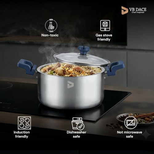 Image of VB DACE Triply Stainless Steel Biryani Pot 24 cm (4.8 L) | Heavy Gauge Handi with Glass & Steel Dual Lids | Induction & Gas Compatible | Even Heat Distribution | Ideal for Biryani, Rice, Curry & Stew