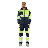 Hi Vis Rain Tracksuit - Mens High Visibility Waterproof Reflective Tape Band Safety Lightweight Rainsuit Hooded Top Trouser