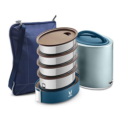 VAYA Office Lunch Combo – TYFFYN Jumbo 1300ml Vacuum Insulated Lunch Box with 4 Stainless Steel Containers with BAGMAT Lunch Bag with Sling, Leakproof, Hot Food Retention, Blue-image-11