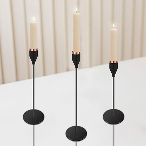 Miniatura 4 de Juego de 3 portavelas negros para velas LED de 34 pulgadas de grosor y velas LED altas, portavelas cónico decorativo para bodas, cenas, fiestas