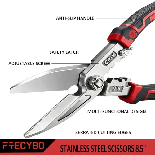 Image of Heavy Duty Industrial Scissors 8.5'', Utility Sharp Aviation Tin Snips, Finely Serrated CR-V Blades with Safety Lock, for Cutting Wires, Cardboard, Plastic, Carpet,red (Red)