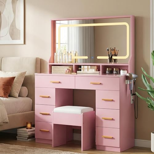 Garvee Vanity Desk with Mirror and Lights, Makeup Vanity Desk for Bedroom with 8 Drawers & 1 Vanity Chair & Power Outlet, Modern Dressing Table Set for Bedroom, Bathroom, Pink Pink 42.13" L
