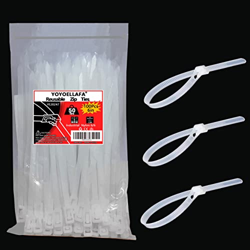 Reusable Zip Ties 6 Inch, 100Pcs Releasable Cable Ties White 50Lbs Tensile, Adjustable Plastic Tie Wraps Small, Clear Wire Ties Removable For Cord Management #TOP6