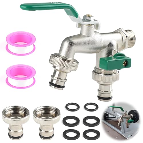Arvoni Robinet de Jardin Exterieur, Robinet à Double Sortie 3/4 et Entrée 1/2, avec 2 Raccords de Tuyau Libres, 4 joints d'étanchéité, et 2 rubans de téflon pour Jardin, Ménage et Industrie