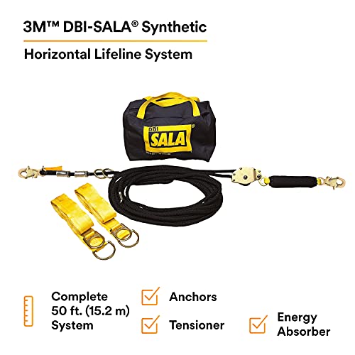 Image of 3M DBI-SALA Sayfline 7600505 Horizontal Lifeline System, 50-Foot Kernmantle Rope with Tensioner, Energy Absorber, Two 6-Foot Tie-Off Adaptors, Carrying Bag, Black