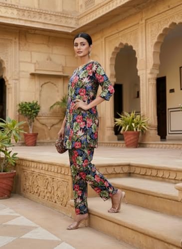 Image of NAINVISH Women's Printed Rayon Blend Co-ord Set | Straight Fit Top & Pant Ensemble | V-Neck Mandarin Collar Styles | Modern Black, Orange, Purple, Green Designs | Perfect for Casual, Festive Events