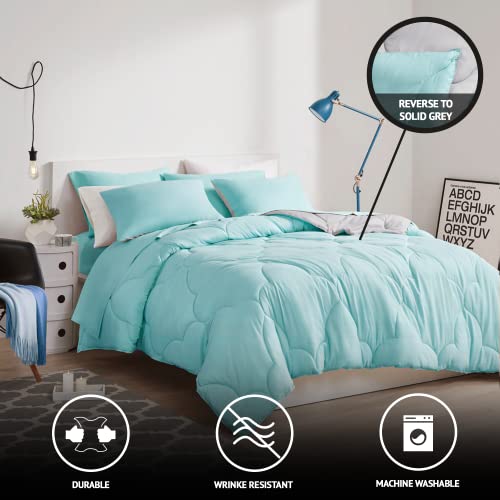 Image of Comfort Spaces Vince Reversible Bed In A Bag - Trendy Casual Geometric Quilted Cover, All Season Down Alternative Cozy Bedding, Matching Sham, Full, Reversible Aqua /Gray 9 piece