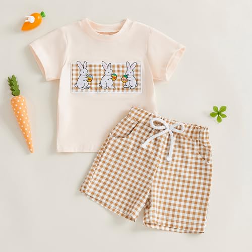 Image of Toddler Baby Boy Easter Rabbit Outfit Short Sleeve Bunny Carrot Smocked T-shirt Elastic Waist Shorts Summer Clothes