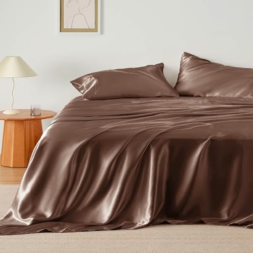 Image of Bedsure Satin Sheets Full Size, Soft Silky Bedsheets for Hair & Skin | Similar to Silk Bed Sheets Set 4 Piece with 15 Inches Deep Pocket Fitted Sheet,1 Flat Sheet, 2 Satin Pillowcases