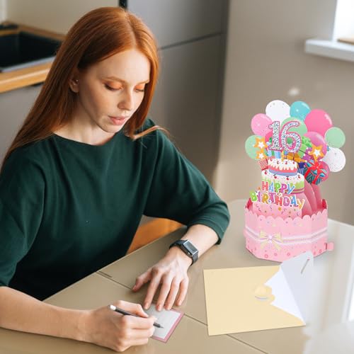 CIEHER Pink Sweet 16th Birthday Card Pop Up Card for Girls, Sweet 16 Birthday 3D Greeting Card, Birthday Gift Card, Unique Sweet 16 Birthday Gifts for Girls or Friends