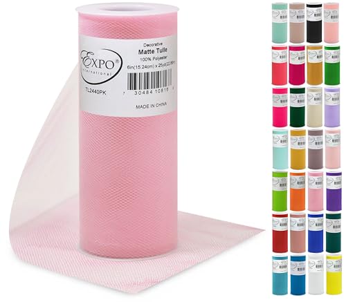 Expo International Decorative Matte Tulle, Lightweight Polyester Tulle Fabric for Tutus, Costumes, and Party Decorations, Washable, Easy-to-Use, 6 Inch x 25 Yards, Pink, Pack of 1