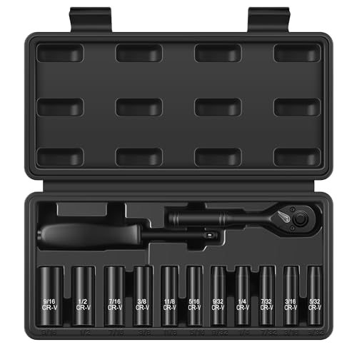 Image of Reniteco 13-Piece 1 /4 inch Drive Socket Set, SAE (3 /16 inch- 11 /32 inch), Deep Sockets, 72-Tooth Ratchet Wrench, Drive Spinner Handle, 6 Point Design, Cr-V