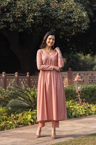 Image of Women's Dhanna Fashion Long Cut Salwar Suit with White Polka Dots,Full Sleeves, V-Neck,, Rayon