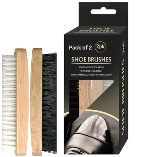 2 Pc Shoe Polish Brush | Brown White & Black Shoe Polish Brush | Essential for Shoe Shine & Shoe Polish Kit |Wooden Handle Mud Remover Set | Soft & Stiff Bristles White Applicator Black Buffing Shine