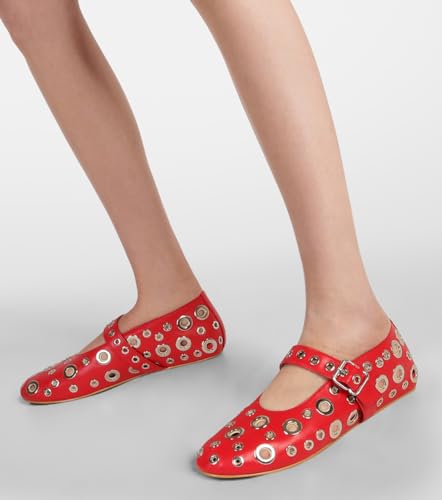 MICIFA Ballet Flats for Women with Buckle Strap Mesh Perforated Metal Studded Mary Jane Comfortable Ballerina Flat Shoes Metallic2