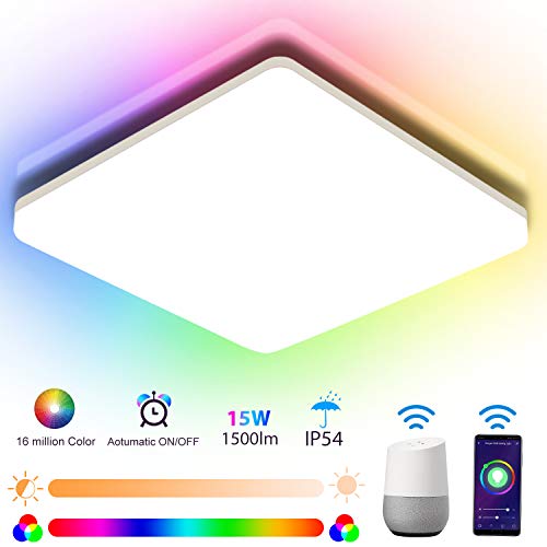Oeegoo Smart LED Deckenleuchte Dimmbar 15W, Bluetooth Deckenlampe RGB Farbwechsel, IP54 WIFI LED Deckenleuchte Alexa und Google Kompatibel, APP/Sprachsteuerung für Kinderzimmer, 22 * 22 * 4.8