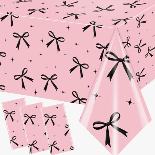 Image of 3Pcs Pink Bow Tablecloth,Black Bow Table Decor,Coquette Birthday Decorations Black,Disposable Waterproof Party Supplies for Girls Baby Shower,Bridal Shower,Bachelorette Party