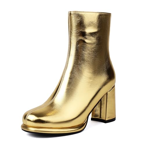 BEAUPAS Women's Platform Gogo Boots Ankle Boots High Heel Booties Chunky Block Heeled Round Toe Side Zipper Goth Short Boots Dress Shoes