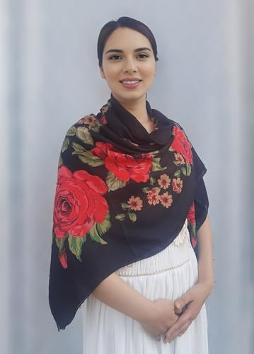 FANFAN Floral Print Square Scarf Shawl for Women Rose Mexican Shawl Russian Style Shawl Ethnic Wrap Evening Dress Party D82