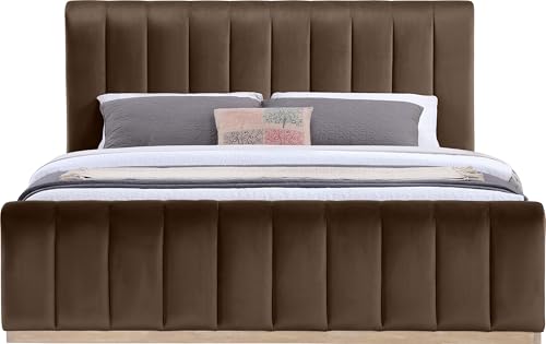 Image of Meridian Furniture AmaraBrown-K Collection Modern | Contemporary King Bed, Ultra Luxe Brown 460 GSM Velvet, Natural Finish, Solid Wood Base and Inner Frame, 82.5 inch W x 99 inch D x 51 inch H, Brown, King