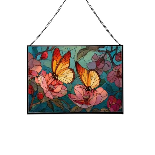 Butterfly Kisses Between Flowers Rectangular Stained Glass Suncatcher – Hanging Window Panel with Animal & Nature Scene – Vibrant Glass Art Gift for Wildlife, Fantasy, Nature Lovers oGIyqp