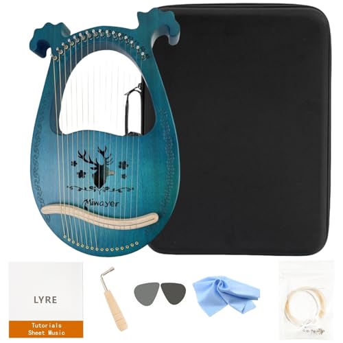 Miwayer Lyre Harp Kit 16 Strings Musical Instrument Mahogany Body Reindeer Totem Professional Harp Instrument with Accessories and Case (Cyan)