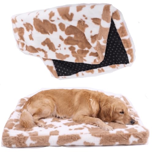 Image of Faux Fur Dog Bed Cover, Cow Print Brown-White, 44 inch L x 32 inch W x 4.5 inch Th | Ultra Soft Rose Velvet, Removable & Washable, Cozy & Durable, Cover Only (No Filling)