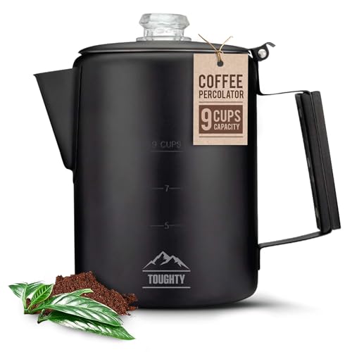 Toughty Yosemite Percolator Coffee Pot Classic Stovetop Coffee Maker for Camping Hiking & Home Durable Stainless Steel Pot Compatible with All Stovetops Old-Fashioned 9-Cup Percolator Black