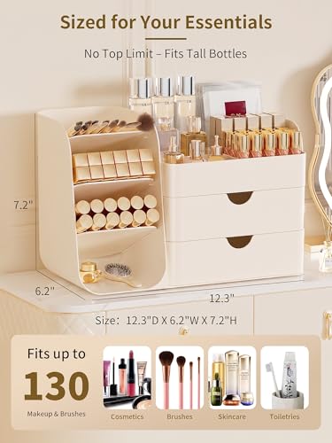 Image of Booklov Makeup Organizer for Vanity, Countertop Cosmetic Display Case with Drawer, Bathroom Counter Beauty Caddy, Comfyroom Table Storage Holder for Skincare, Brush Eyeliner Eyeshadow Lipsticks, Creem