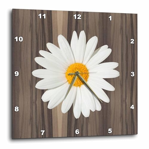 3dRose Wall Clock Silent - 10 inch - Wood Image with White Daisy - Designs Rustic Designs