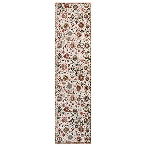 Lanffia Bohemian Floral Hallway Runner Rug - 2X8 Indoor Washable Rug Vintage Faux Wool Non-Slip Low-Pile Floor Carpet For Bedroom Bathroom Entrance Living Laundry Room, White #TOP6