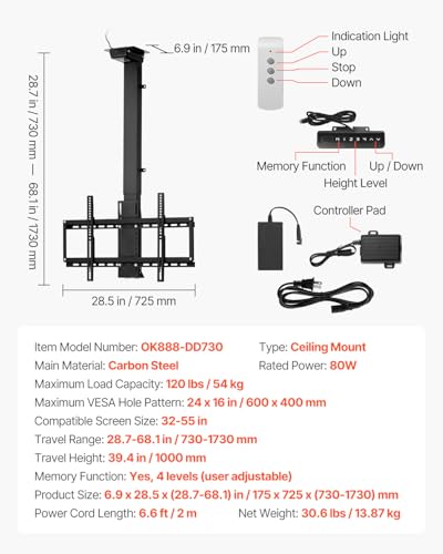 Image of VEVOR Motorized Ceiling TV Mount, TV Wall Mount for 32 to 55 Inch TV, Electric Adjustable Ceiling TV Mount, Motorized Flip Down TV Mount Bracket with Max VESA 24 x 16 in, Fits TVs Up to 120 lbs
