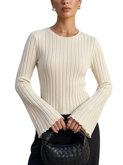 uinee shop Women Ribbed Knit Top Round Neck Long Bell Sleeve Slim Fit Casual Winter Sweater Stretchable Soft Pullover Stylish Fashion Top-picture-23