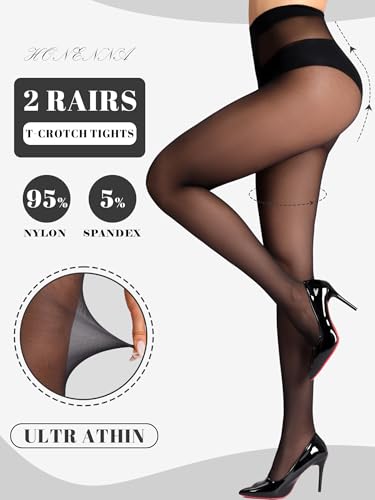 HONENNA Sheer Black Tights for Women 2 Pairs Ultra Thin Reinforced T Crotch Control Top Pantyhose Stockings valentines day outfits for women - Thumbnail 3