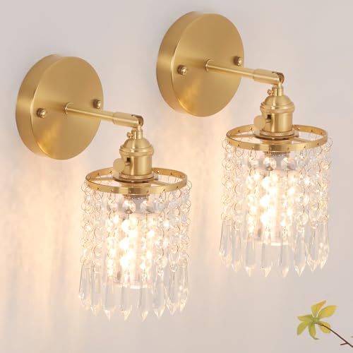 Image of Shenmoyl Set of 2 Crystal Battery Operated Wall Sconce, Rechargeable Battery Powered Wall Lamp with Remote Control, Modern Dimmable Wireless Wall Lights for Bedroom Bathroom(Transparent, Gold Base)