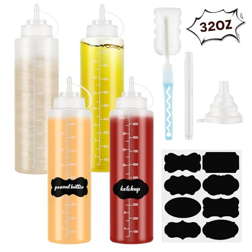 Fisynug 4 Pack 32oz/1000ml Plastic Squeeze Bottle with Nozzles Dispensing Sauce Condiment Bottles for Ketchups Salad BBQ Syrups Paint