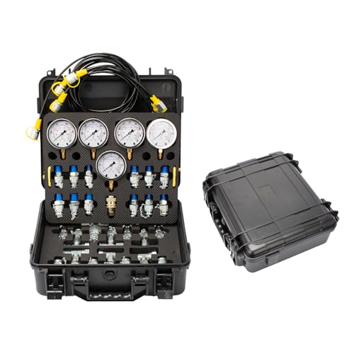 Image of Hydraulic Pressure Test Kit, 5 Gauges(150 /1500 /4000 /6000 /10000 PSI) & 13 Test Couplings & 14 Tee Connectors & 5 Test Hoses, Hydraulic Pressure Gauges, for Excavator, Construction, Machinery