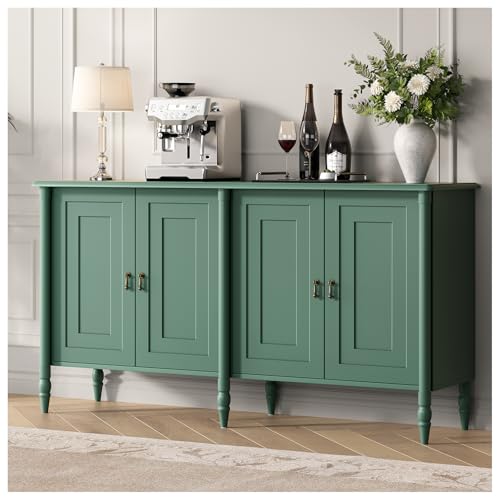 Image of JOINICE 59 inch Sideboard Buffet Cabinet with Storage for Dining Room,Green | Vintage Credenza with Adjustable Shelves & Solid Wood Legs,supports up to 100 lbs,for Kitchen,Bar,Hallway,TV Console