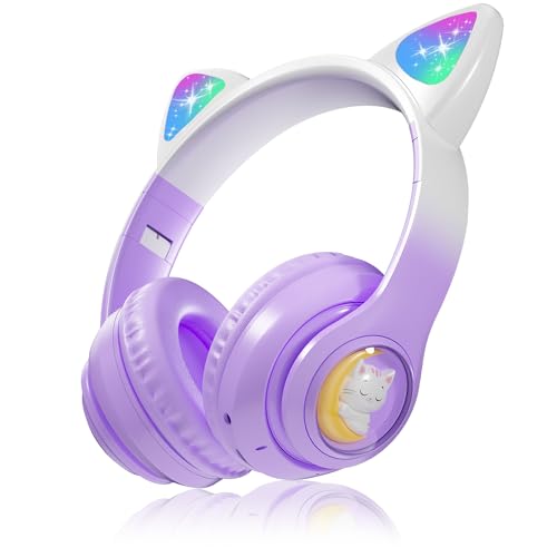 Auriculares Bluetooth para Niños, Auriculares Inalámbricos para Niños Aluusy, Supraaurales Plegables con Orejas de Gato LED y Micrófono Incorporado, 85dB, Carga USB C, para Viajes, Regalo para Navidad