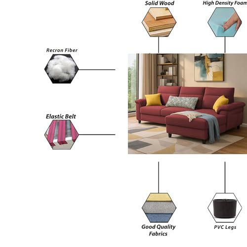 Image of Casaliving Seams RHS 4 Seater L Shape Sofa for Living Room (Maroon Fabric) Premium Fabric Sofa