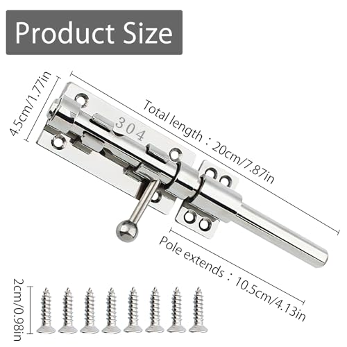 20 cm Sliding Latch Gate Latch 304 Stainless Steel Barrel Bolt Heavy Duty Door Security Lock Thickened Door Bolt Hardware with Mounting Screws for Barn Fence Shed Cellar - Image 2